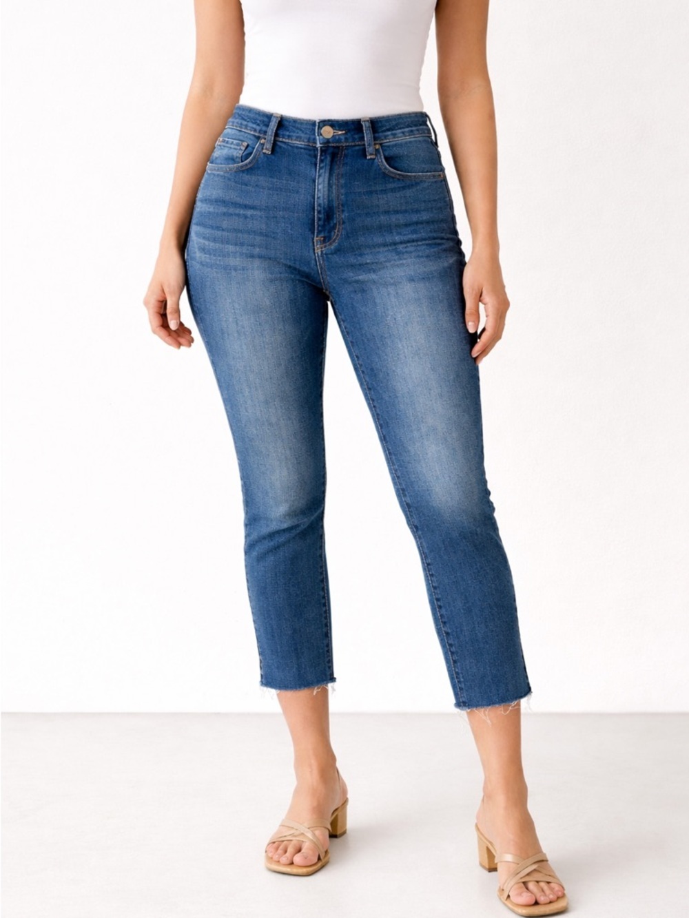 LAgence High Rise Jeans Cropped Raw Hem Frayed Ankle Premium Denim Blue Size 28